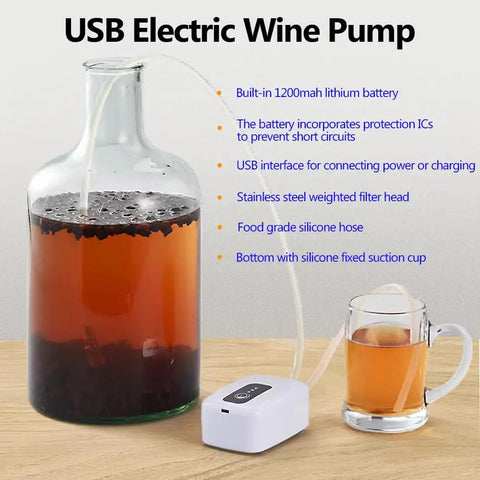 Ultra Handy Food Grade USB Electric Auto Siphon For Bottling Home Brew Wine Beer Beverages And Kombucha, shown with glass bottle and mug.