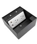 Heavy Duty Recessed Floor Outlet Kit With Bulletproof Stainless Steel Safety Cover And Tamper Resistant Doors For No Sweat Setup Plus Two Standard Power Outlets And Dual Ethernet Data Ports For Job Site Or Living Room, showing two power outlets and RJ45 ports.