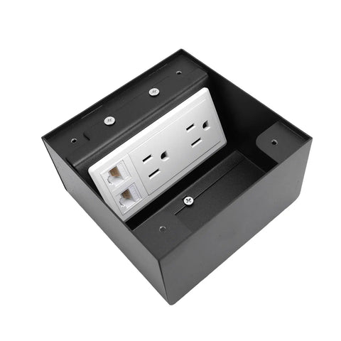 Heavy Duty Recessed Floor Outlet Kit With Bulletproof Stainless Steel Safety Cover And Tamper Resistant Doors For No Sweat Setup Plus Two Standard Power Outlets And Dual Ethernet Data Ports For Job Site Or Living Room, showing two power outlets and RJ45 ports.