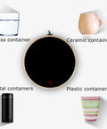 Electric Coffee Mug Warmer And Bottle Cooler With Smart Touch Temperature Controls, shown with various container types.