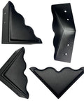 Heavy Duty Black Metal Corner Guards Set Of Four, Built Like A Tank Industrial Edge Protectors With Decorative Textured Finish For Wooden Furniture And Crafts, four black steel corner protectors arranged.