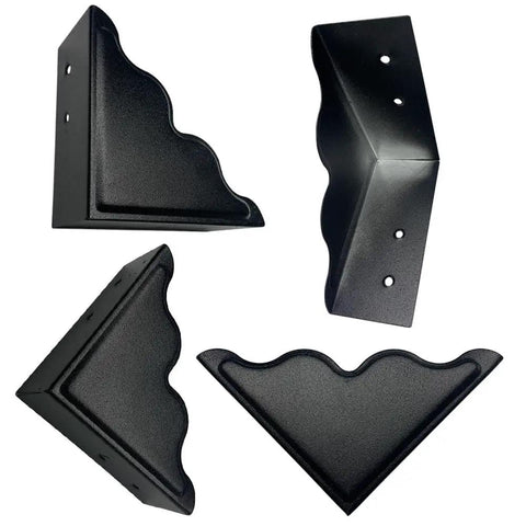 Heavy Duty Black Metal Corner Guards Set Of Four, Built Like A Tank Industrial Edge Protectors With Decorative Textured Finish For Wooden Furniture And Crafts, four black steel corner protectors arranged.