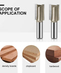 1/4 Inch Shank 1/4 Inch Cutting Diameter 2 Flute Straight Router Bit Carbide Tipped Plunge Router Bit 4 Pack For Woodworking Plywood Hardwood Softwood DIY Projects shown with application on density boards, chipboard, and hardwood