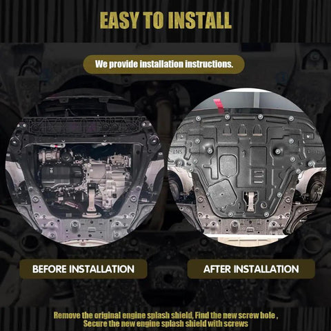 Heavy Duty Engine Splash Shield Fits Hyundai Sonata 2024 2025 2026 showing before and after installation with visible engine bay.
