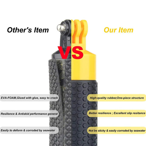 Comparison of Floating Hand Grip With Mini Tripod Stand For Action Cameras showing material differences.