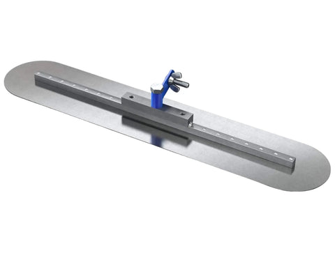 24 Inch By 5 Inch Round End Spring Steel Fresno Trowel With Swivel All Angle Bracket And Universal Handle Mount, top view