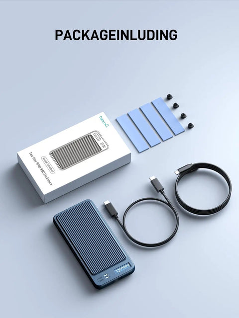 Heavy Duty Dual Bay Nvme Enclosure Boasts Straight Up Raid 0 1 Jbod And No Sweat Clone Mode For Kickin Fast Speed On 2280 M2 Ssd Portable External Storage Drive, includes drive, cables, and accessories.