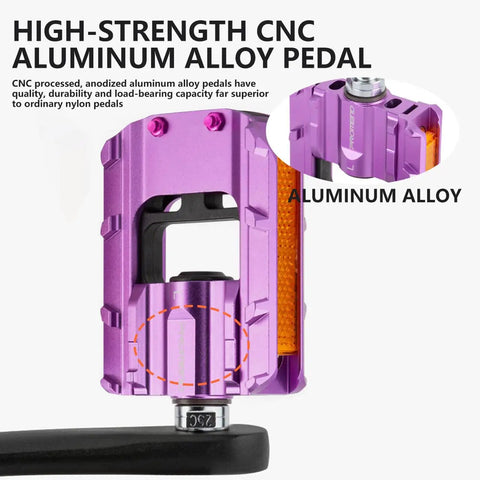 Foldable Bike Pedals Aluminum Alloy 9 Sixteenth Inch With Reflective Strips Non Slip Wide Flat Pedals Purple close-up