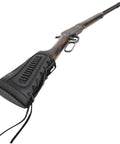 Image of a rifle with Buffalo Hide Leather Waxed Canvas Recoil Reducing Pad For Buttstock Extension And Cheek Rest With Rifle Shell Holder