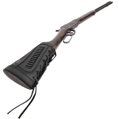 Image of a rifle with Buffalo Hide Leather Waxed Canvas Recoil Reducing Pad For Buttstock Extension And Cheek Rest With Rifle Shell Holder