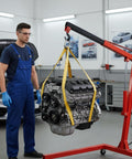 Mechanic using heavy duty flat eye to eye polyester web sling 1 inch wide by 2 foot long for lifting engine in a garage