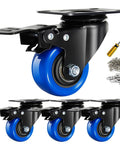 Heavy Duty Two Inch Swivel Caster Wheels Set Of Four With Brakes Dual Locking For Carts Furniture And Trolleys Premium Steel Housing 600 Lb Capacity For Easy Roll Mobility, shown with blue wheels and black steel housing.