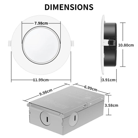 Dimensions diagram of 4 Inch LED Recessed Lights 4 Pack Adjustable Gimbal Eyeball With Junction Box 5 CCT Selectable Airtight IC Rated 9W 750LM