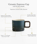 Gotta Love This Ceramic Espresso Cup With A Natural Wood Handle Kickin Up Your Daily Brew Routine While Keeping Things Cool To Touch And Looking Sharp On Any Counter Space, blue ceramic with wooden handle.