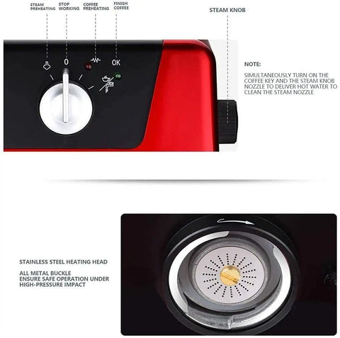 Close-up of steam knob and controls on semi automatic espresso machine with 15 bar pressure, fast heating, milk frother wand