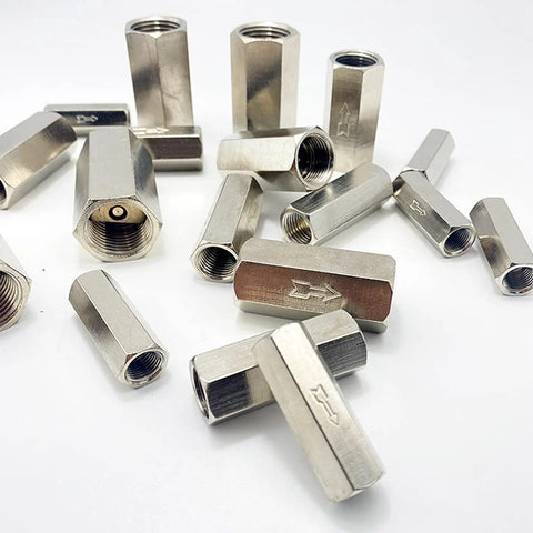 Front view of two silver Joywayus air check valves, G1/4" female threaded, full-port, one-way water valves.
