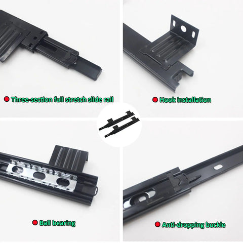 Under Desk Keyboard Tray With Full Extension Slides 3 Section Telescopic Rails Ball Bearing Action components close-up
