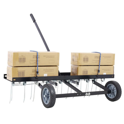 40 Inch Tow Behind Dethatcher with 20 Rust Proof Heat Treated Tines and Cart, suitable for lawn tractors.