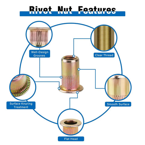 Diagram of rivet nut features, including flat head, clear thread, and grooves. Part of Rivet Nut Tool Kit 400 Pcs With SAE And Metric Rivet Nuts.