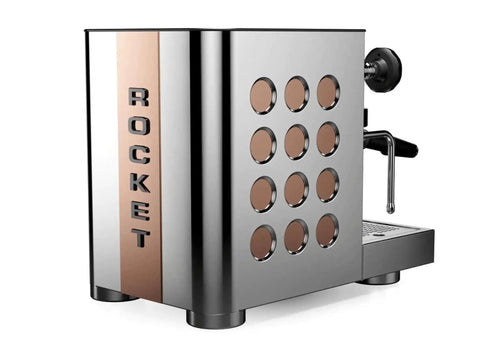 Professional Tca Espresso Machine Featuring Advanced Hybrid Pid Temperature Tuning And Upscale Copper Matte Black Chassis side view with copper accents.