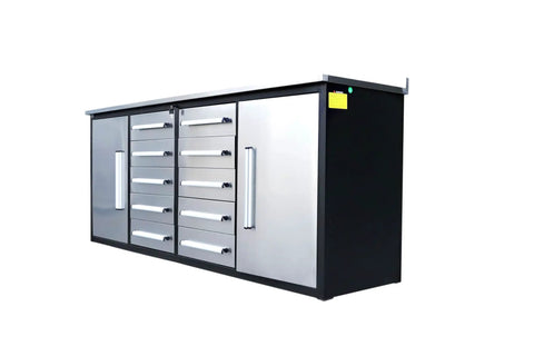 Heavy Duty Steel Tool Cabinet With Ten Locking Drawers And Non Slip Liners Workhorse Grade Workbench Station side view