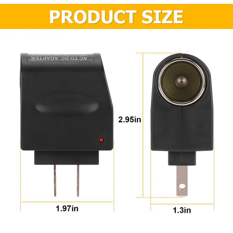 Universal AC To DC Car Power Converter For Cigarette Lighter Socket With 12V Vehicle Transformer and Wall Plug Adapter side view with dimensions 2.95in x 1.97in x 1.3in.