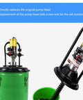No Frills Heavy Duty Pneumatic Grease Pump For 5 Gallon Drums showing a replacement pump head on a green drum.