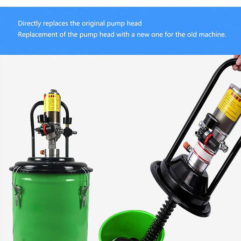 No Frills Heavy Duty Pneumatic Grease Pump For 5 Gallon Drums showing a replacement pump head on a green drum.