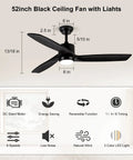 52 Inch Black Outdoor Ceiling Fan With Light And Remote For Patio, Modern Three Blade Design, Giant Airflow, Whisper Quiet Reversible DC Motor