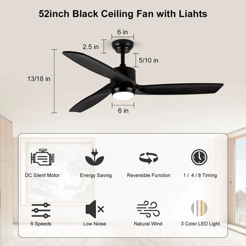 52 Inch Black Outdoor Ceiling Fan With Light And Remote For Patio, Modern Three Blade Design, Giant Airflow, Whisper Quiet Reversible DC Motor