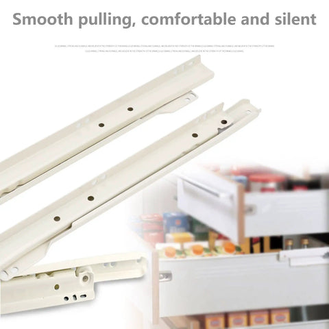Heavy Duty Metal Drawer Slides 10 To 22 Inch Bottom Mount Rails With 99 Lbs Load Capacity Per Pair, Smooth Glide Track For Kitchen And Dresser Drawers, Includes Two Extended Guide Rails, Durable Steel Construction, white steel drawer slides shown with kitchen drawer