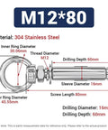 Diagram of Two Pack 304 Stainless Steel M12x80 Shoulder Eyebolt With Nut for concrete, showing dimensions and steel material.