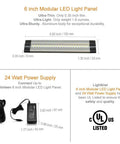 Diagram of 6 inch Cool White Modular LED panel and 24W power supply with dimensions for under cabinet lighting kit