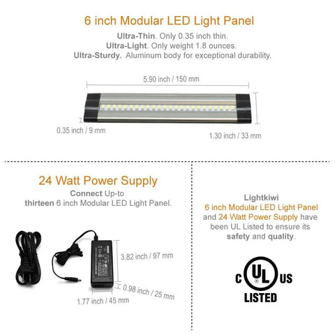 Diagram of 6 inch Cool White Modular LED panel and 24W power supply with dimensions for under cabinet lighting kit