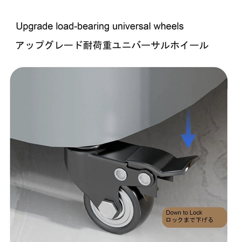Close-up of a lockable caster wheel on the Versatile Mobile Commercial Mop Rack With Broom Holder And 8 Slots Cleaning Tool Cart.