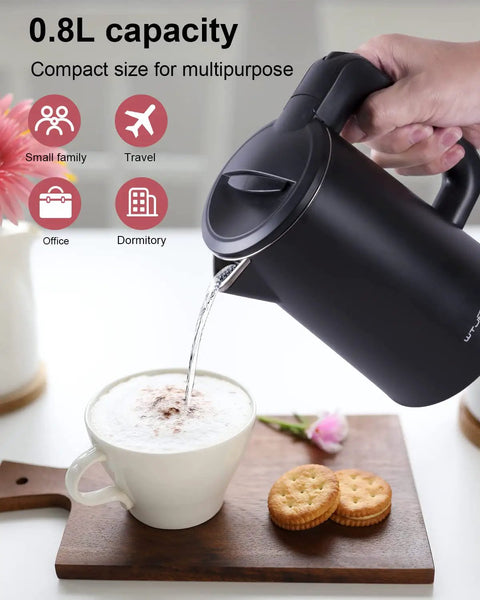Pouring water from Compact 0.8L Electric Kettle Stainless Steel 800W Fast Boil Auto Shut Off Portable Water Boiler into a cup