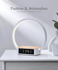 Modern bedside lamp with alarm clock and wireless charger, sunrise wake up light on white nightstand, minimalist wood grain design