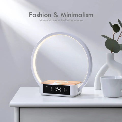 Modern bedside lamp with alarm clock and wireless charger, sunrise wake up light on white nightstand, minimalist wood grain design