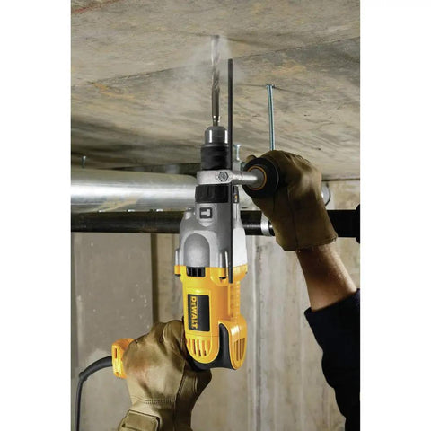 Worker drilling concrete ceiling with Beefy One Half Inch 10 Amp Hammer Drill With Pistol Grip And Dual Mode For Masonry Wood And Steel High Power Motor