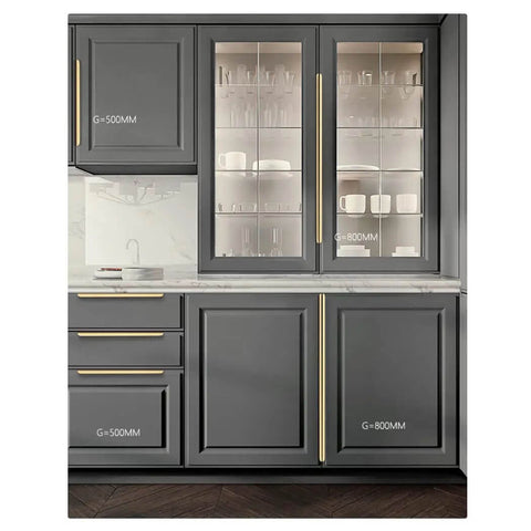 Gold Slick Invisible Door Handle Set For Wardrobe And Kitchen Cabinets on grey cabinet with glass doors, 1500mm length