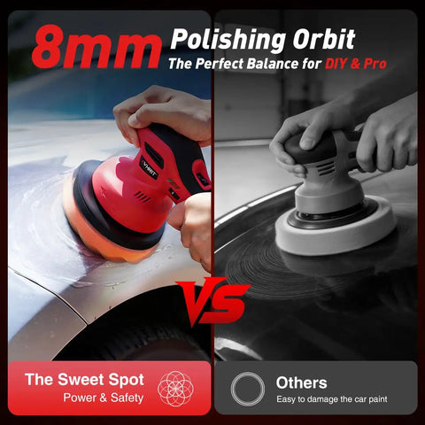 Side-by-side comparison of Cordless Car Buffer Polisher Kit With 2x2000mAh 21V Batteries showing 8mm polishing orbit efficiency.