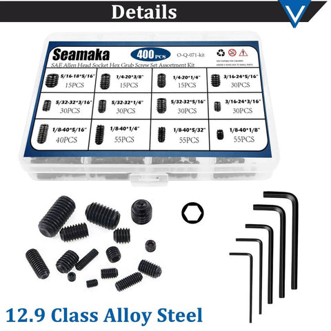 Internal Hex Flat Head Socket Set Screw Kit 400 Pieces 12 Size 12.9 Alloy Steel Black Grub Screws With 5 Hex Wrenches For Door Handles And Light Fixtures 1/8-40 To 5/16-18 in box display