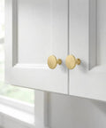 Gold Brushed Brass Cabinet Knobs 25 Pack For Cabinets And Dresser Drawers Round Mushroom Style Hardware installed on white cabinet