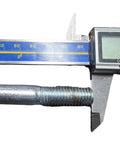 Close-up view of a digital caliper measuring a threaded bolt used with a 6-inch cast-iron V-groove sliding gate wheel