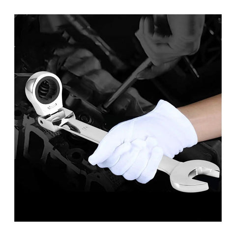 Gloved hand using a ratchet spanner set with socket tool kit, compact for tight spaces and high hardness work, shown in use.