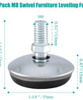 12 Pack M8 Swivel Furniture Leveling Feet With T Nuts Adjustable Table Leg Levelers, dimensions and measurements shown