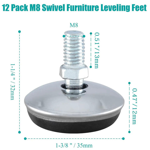 12 Pack M8 Swivel Furniture Leveling Feet With T Nuts Adjustable Table Leg Levelers, dimensions and measurements shown