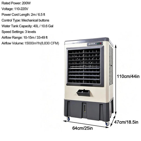 Heavy Duty Portable Swamp Cooler Featuring 8830 CFM Airflow And 10.6 Gallon Tank For Garage Cooling And Humidifying, 110cm tall.