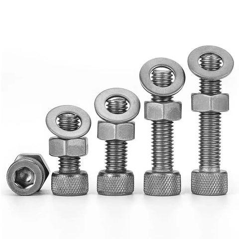 10 Piece Ta2 Titanium Knurled Socket Head Cap Screw Nut And Flat Washer Combination Kit M4x8mm set of screws and nuts in various sizes.