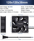 EC Brushless Industrial Case Fan 120x120x38mm, 116 CFM, side and front view with specifications and power cord visible